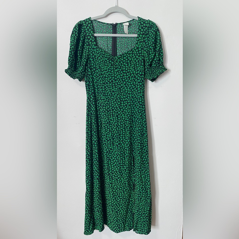 Green and black floral puff sleeve, high slit midi dress with square neckline